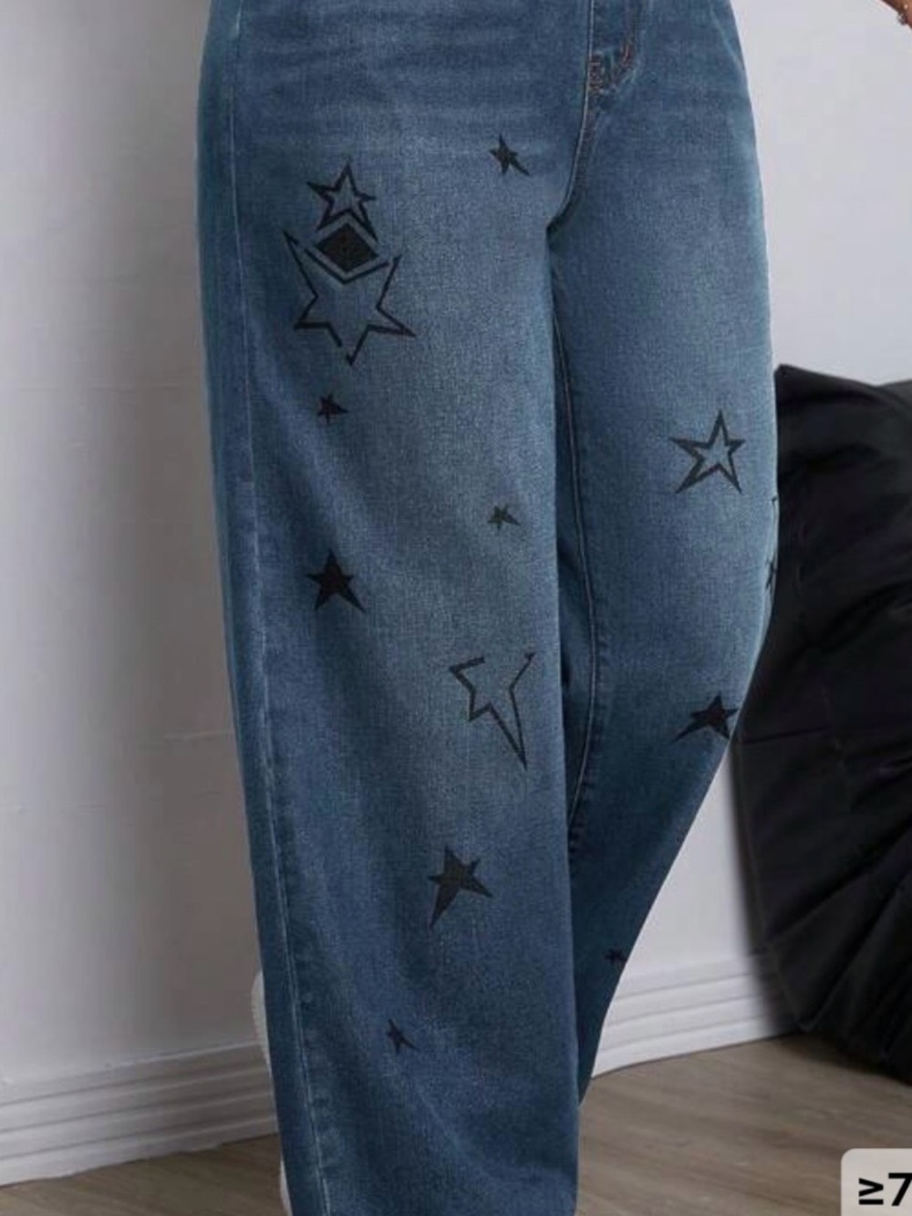 Curve Blue Star-Print Wide Leg Jeans - Picture 3 of 6